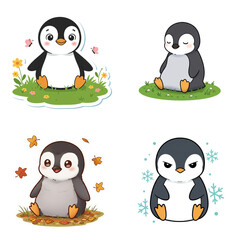 Cute cartoon penguins in various seasonal settings and poses  