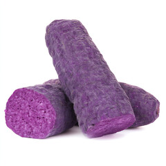 Ube (also known as purple yam) is a Philippine root vegetable that comes in a bright purple hue. on white background