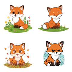 Cartoon fox characters in various emotions and seasons  
