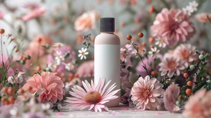 Bottle of white cream surrounded by flowers, featuring a blank label for mock-up on a light background, representing natural beauty products