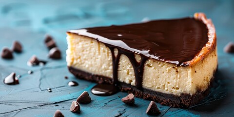 Slice of cheesecake topped with gooey chocolate and a crumbly crust, set against a blue backdrop. Close-up view showcasing the chocolate sauce drizzling