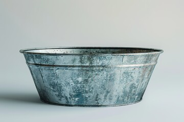 Vintage steel zinc wash basin with wooden handles, free of contents, set against a plain white backdrop