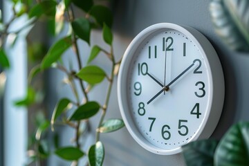 Shiny green clock on a bright wall showing 1:15