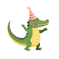 Obraz premium Cute Cartoon Dancing Birthday Alligator Character Isolated on a Transparent Background