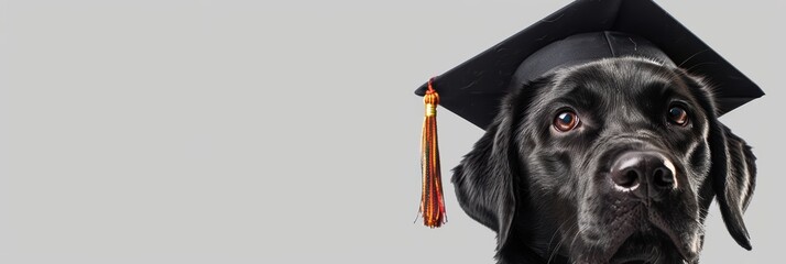 A black Labrador mixed with a golden retriever has a graduation cap tassel draped over its nose