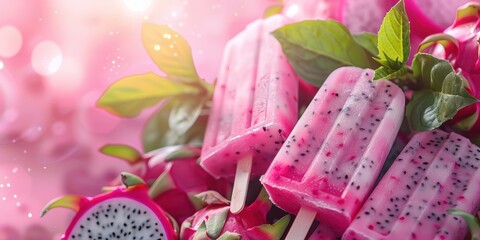 Refreshing homemade popsicles made with exotic fruit. A colorful summer treat, presented from above
