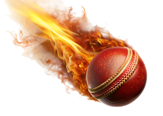 Red cricket ball engulfed in fiery flames with golden stitching isolated on a transparent background