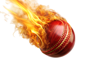 Red cricket ball engulfed in bright orange and yellow flames isolated on a transparent background fire