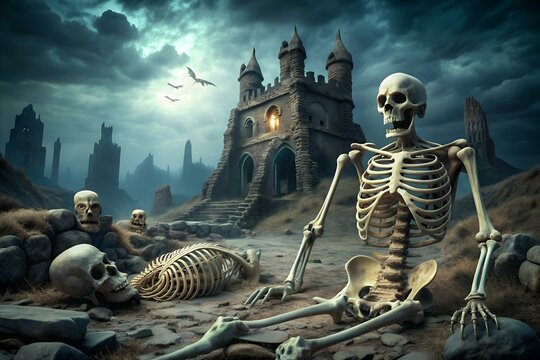 In the Valley of Ruined Castles, the skeleton of a dead warrior rises from the grave, fragments of his enemies lie nearby with soft tissues and insects inside, and 3 dragons are in the sky.