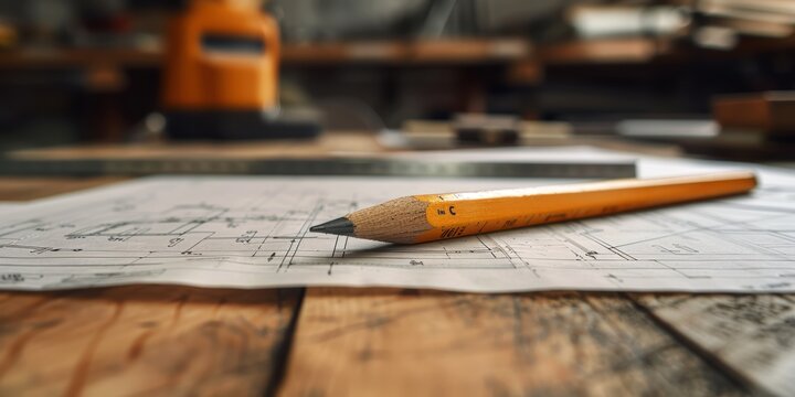 An assortment of flat and rolled blueprints on a wooden table with a pencil and ruler nearby. Engineering and design for construction projects and planning