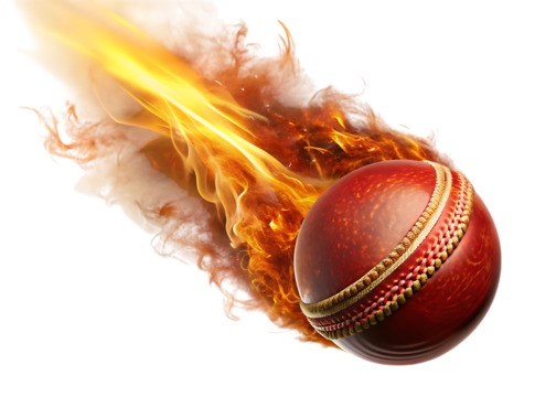 Red cricket ball engulfed in fiery flames with golden stitching isolated on a transparent background