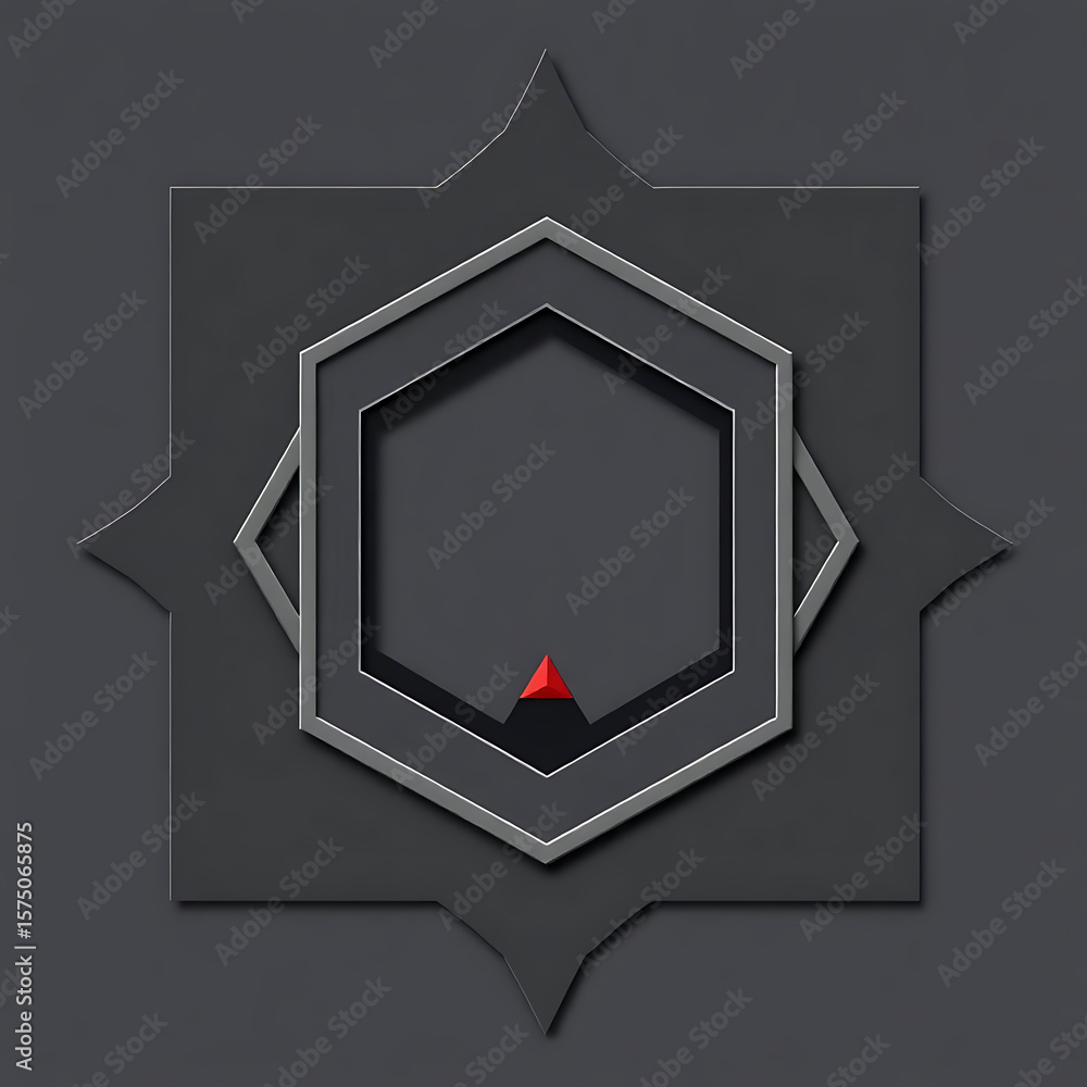Poster a dark geometric design with a hexagonal frame and a small red triangle on a gray background