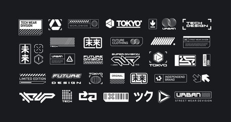 Concept of abstract sci-fi logotypes, futuristic signs with text, cyberpunk geometric elements, techno style hieroglyphs inscriptions for wear fashion and clothing printing - editable vector 