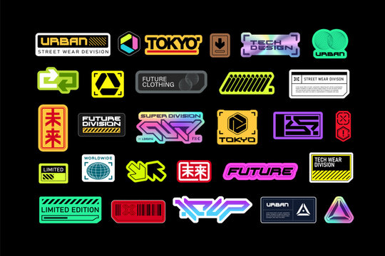 Retro Futuristic collection of abstract stickers, meaningless logos and text signs in 90's cyberpunk style. Sci-fi logo with holographic stickers and cyberpunk elements in techno style 