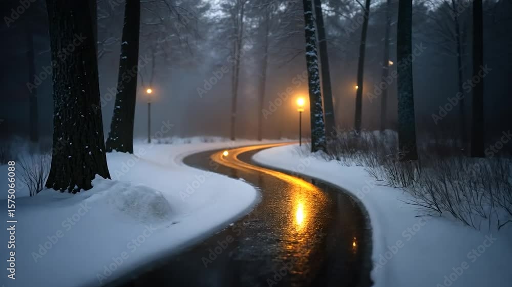 Poster winter forest scene with snow-covered path and glowing streetlights creating a mystical atmosphere. 