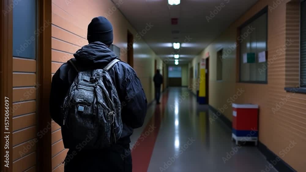 Poster back view of person walking down a long corridor with red stripe detail towards a figure in the dist