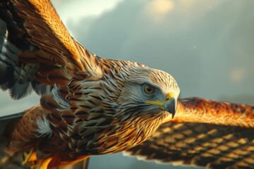 A red kite soaring with outstretched wings against a light sky, searching for its next meal. A raptor in action