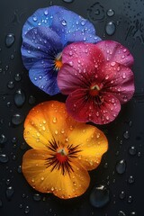 red and yellow gladiolus blooms with water droplets on dark background