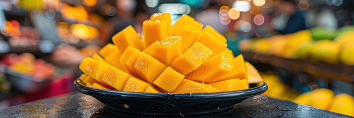 Close-up of ripe mango slices presented on a dark plate