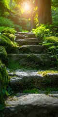 Collection of aged stone steps next to a plaster wall, ascending toward an unknown area in a tranquil garden, illuminated by gentle daylight