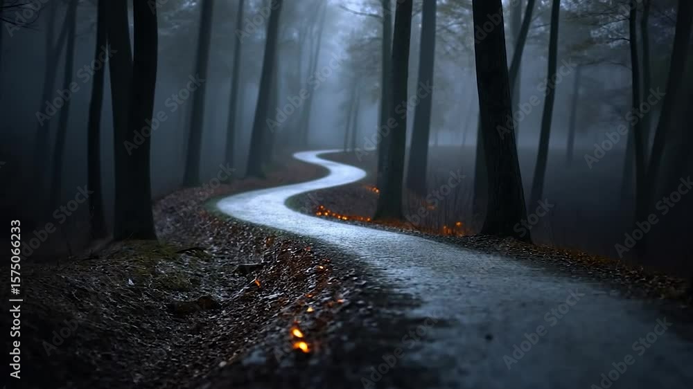 Poster serpentine path through a misty forest illuminated by faint light autumnal foliage lines the edges c