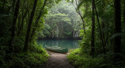 Canoe on Lake in Lush Forest