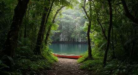 Red Canoe at a Serene Lake Surrounded by Lush Tropical Forest