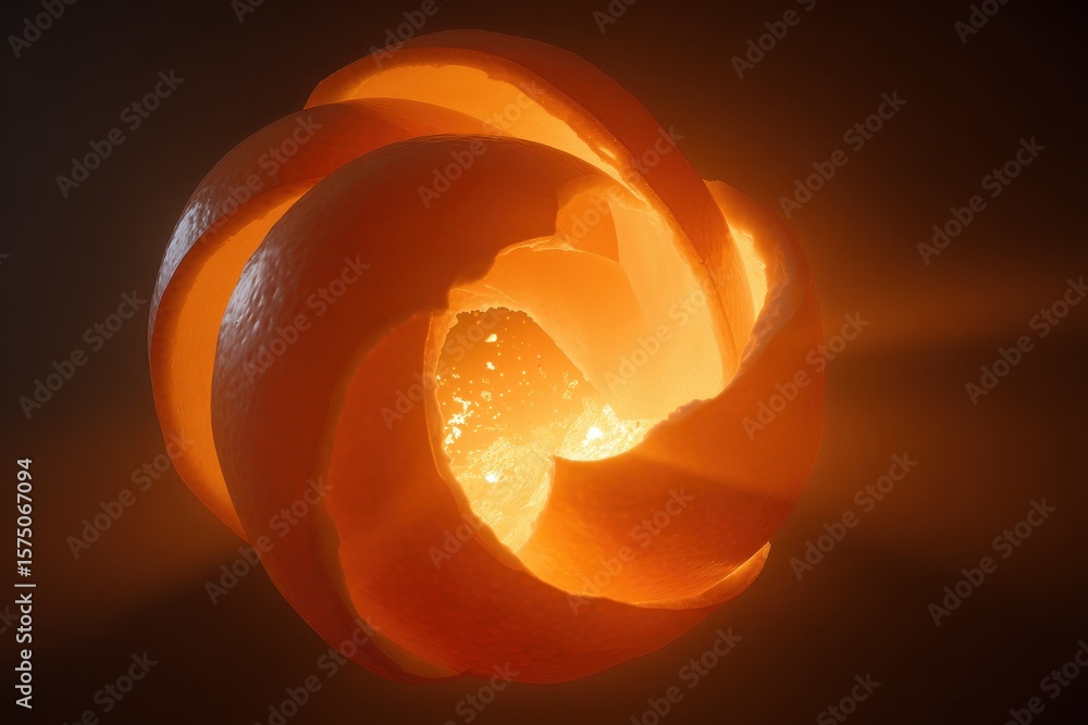 Aufkleber close up of an orange peel twisted into a sphere shape with light emanating from the center core