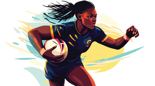 Confident Female Rugby Player Holding Ball in Action Pose