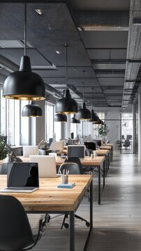 A long view of an open office space with wooden desks and hanging pendant lights in a modern style