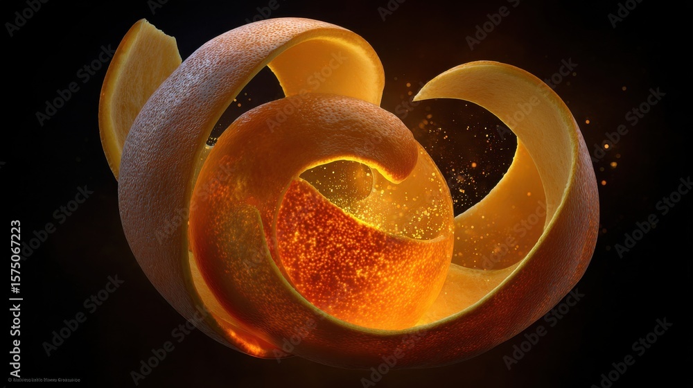Poster a vibrant orange with its peel spiraling around it on a dark background with sparkling particles