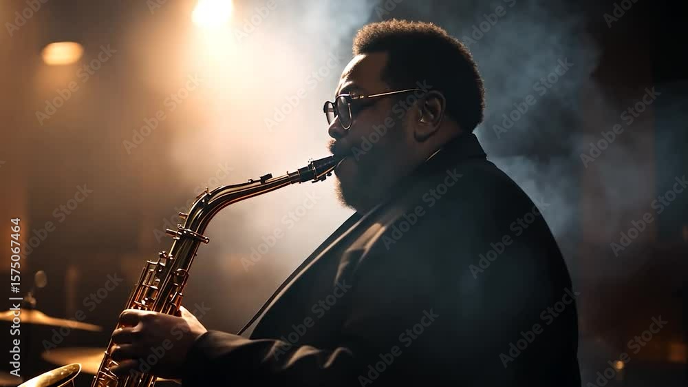 Poster a man in a dimly lit room plays the wind instrument illuminated by warm stage lights in front of a d