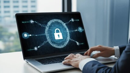Businesspeople use laptop computers with cybersecurity technology to protect personal data and secure internet access. Cybersecurity and privacy concepts for protecting data. 4k video - Powered by Adobe