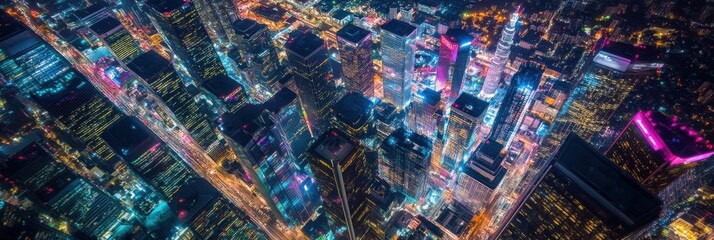 Aerial view of a vibrant city at night, illuminated by colorful lights.