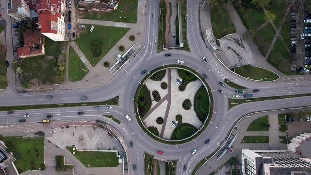 Aerial view of roundabout and greenery, Bulgaria.