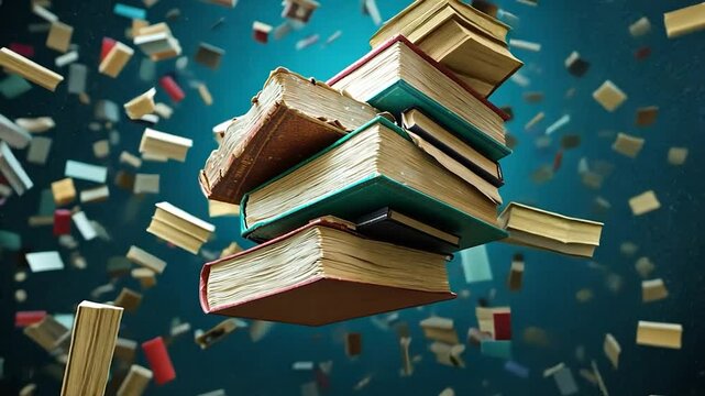 Stack of books floating against a teal backdrop scattered with additional books creating a dynamic educational visual representation of learning