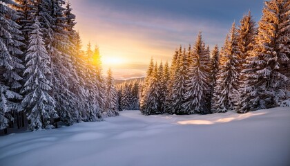 snowy forest at sunset a winter wonderland landscape with evergreen trees and golden sunlight