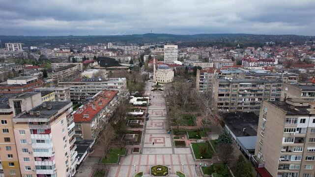 Aerial view of Ibrahim Pasha Mosque and rooftops, Bulgaria.