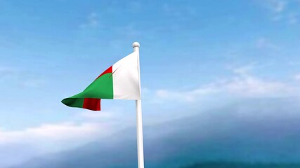 4k Madagascar flag in the wind, blue sky with a cinematic view, Madagascar Flag waving in the wind with a drone shot sky background. It's the Perfect Loop national holiday and Independence Day
