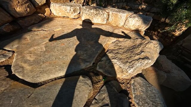 Overhead view of a stone platform with a human silhouette. The shadow is spread-eagled the composition. High-angle shot under bright sunlight