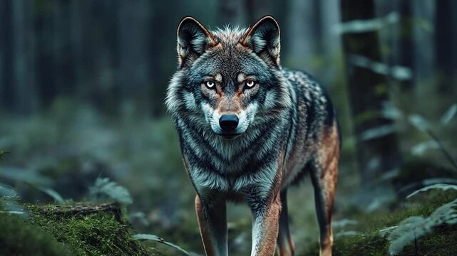 Close-up shot of a majestic wolf in a misty forest environment featuring detailed fur and piercing blue eyes. The background is blurred with lush green foliage
