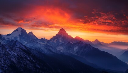 fiery mountain landscape with glowing peaks and dramatic colors