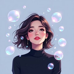 A beautiful girl surrounded by floating soap bubbles, exuding an aura of dreaminess. She has a gentle and inviting expression with light complexion