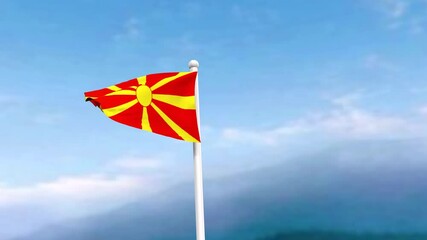 4k North Macedonia flag in the wind, blue sky with a cinematic view, Macedonia Flag waving in the wind with a drone shot sky background. It's the Perfect Loop national holiday and Independence Day