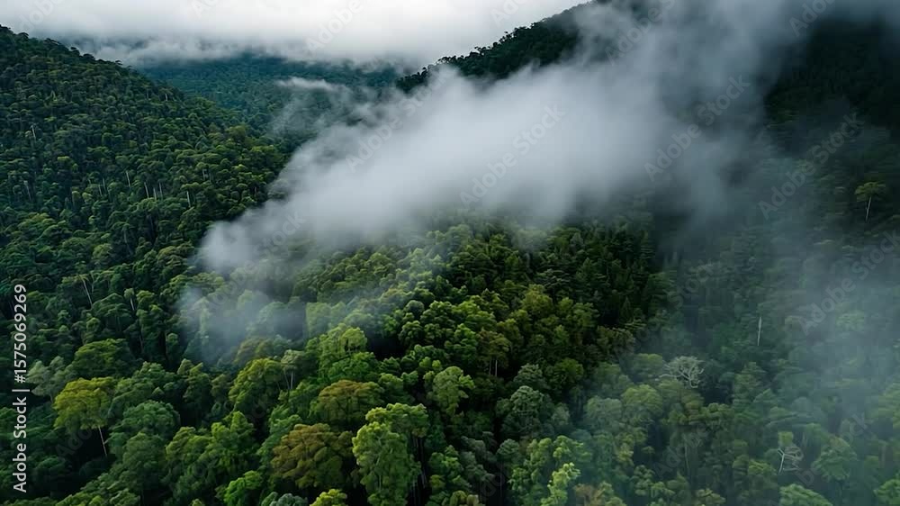Poster aerial view of dense green forest canopy with low-hanging fog rolling through valleys under a cloudy