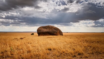 minimalist depiction of solitary rock in center of savanna plain in tanzania under overcast sky
