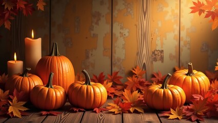 Obraz premium Cozy Thanksgiving Digital Wallpaper with Pumpkins, Autumn Leaves, Candles, and Rustic Wooden Background – Warm Orange and Brown Tones with Soft Lighting and Festive Atmosphere