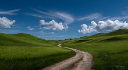 Fototapeta premium Serene Pathway Through Rolling Green Hills and Sky