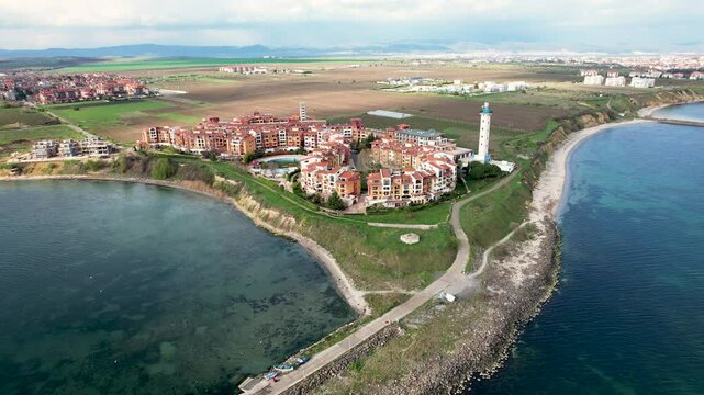 Aerial view of lighthouse and coastline, Bulgaria.