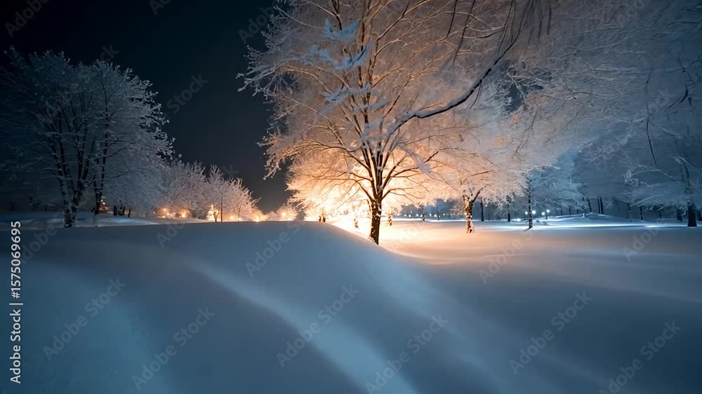 Poster nighttime winter landscape with snow-covered trees and glowing lights creating a serene and ethereal